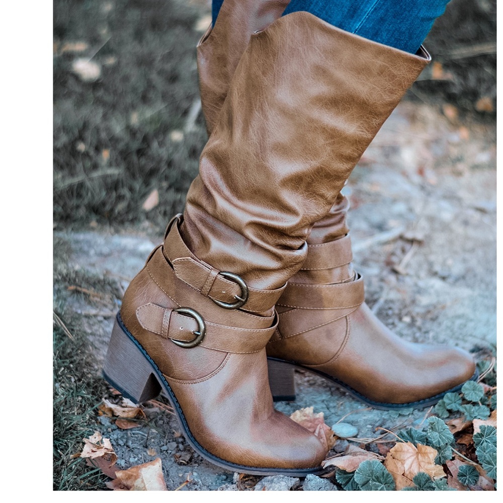 Journee Collection Tan Mid-Calf Buckle Heeled Boots